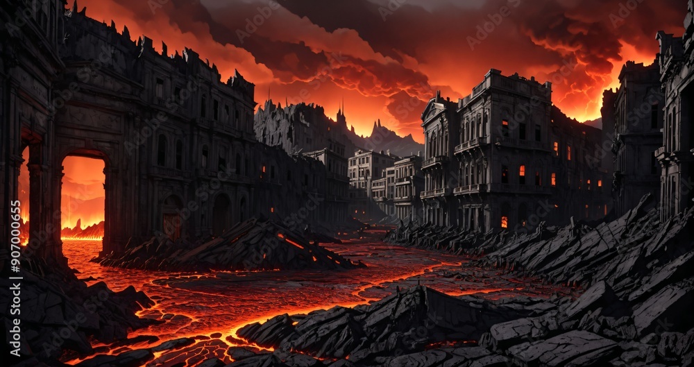 post apocalyptic city buildings drowning in lava during post apocalypse ...