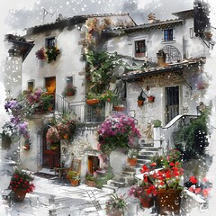 Wall Mural - Watercolor Italian Village Street with Flowers