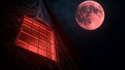Wall Mural - A haunted house with cobwebs, broken windows, and a full moon in the background, high-resolution photo, realistic photo