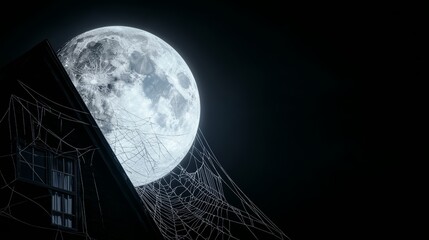 a haunted house with cobwebs, broken windows, and a full moon in the background, high-resolution pho