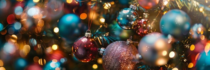 Poster - A close-up of a Christmas tree adorned with colorful ornaments, shimmering lights, and a bokeh effect. It symbolizes festive joy, holiday cheer,  celebration, winter wonder, and Christmas spirit.