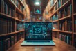 © Raool - laptop with floating books and educational icons, representing online learning or distance education on the screen, surrounded by stacks of bookshelves. The background is a dark wood, Generative AI
