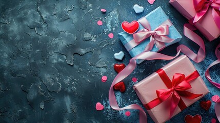 Poster - Valentine s Day with colorful presents and satin bow traditional romance symbols Top view with space for text