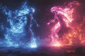 Two glowing spirit forms fight in space