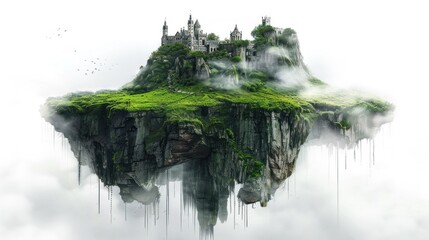 Wall Mural - A Floating Island with a Castle and Verdant Vegetation in a Misty Atmosphere