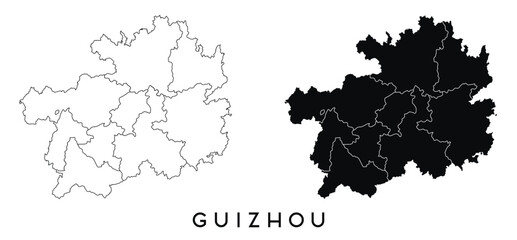 Wall Mural - Guizhou map of regions districts vector black on white and outline