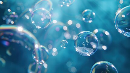 Wall Mural - Close-up of iridescent soap bubbles against a blue background