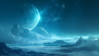 Blue planet in space, dark fantasy background