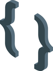 Sticker - Dark grey curly brackets symbol rendered in isometric perspective, representing programming code and software development