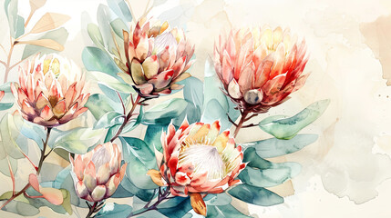 Wall Mural - Watercolor Painting tropical protea with negative space, vibrant flowers on soft background, light beige