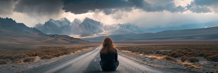 A solitary woman sits on a winding road leading towards a breathtaking mountain range. The vastness of the landscape, the stormy sky, and the sense of peace create a powerful image of contemplation, r