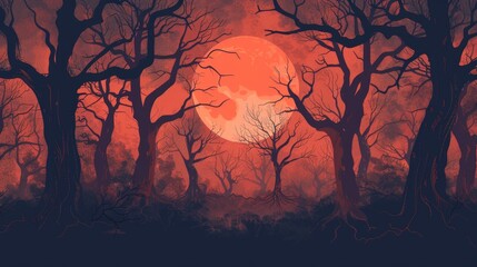 Sticker - A spooky forest scene with bare trees silhouetted against a blood red moon, symbolizing mystery, darkness, eerie atmosphere, spooky Halloween, and gothic horror.