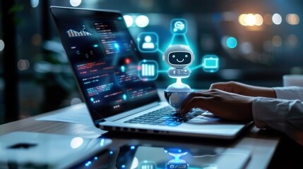 Person Interacting with a Digital Robot on a Laptop