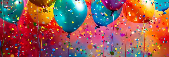 Sticker - A vibrant image featuring colorful balloons and confetti, symbolizing joy, celebration, party, happiness, and festivity.