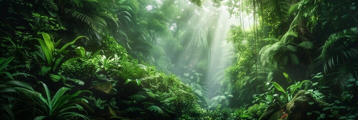 Poster - A vibrant rainforest scene with sunlight filtering through the dense canopy, creating a magical atmosphere. The image symbolizes nature's beauty, the power of light, the mystery of the jungle, the ser