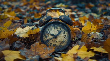 Sticker - A vintage alarm clock lies amongst fallen autumn leaves, symbolizing the passage of time, the beauty of nature, and the transition to a new season.