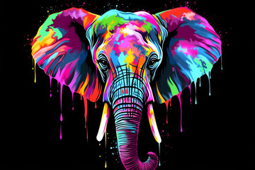 Wall Mural - Elephant. Neon, abstract, color portrait of an African elephant in watercolor style on a black background.