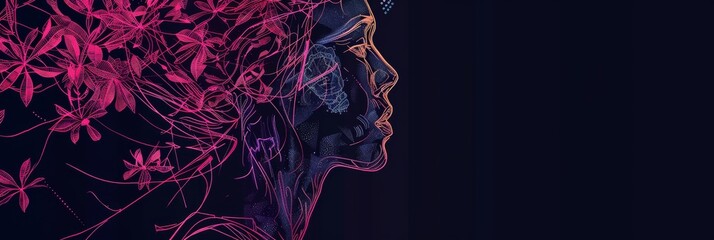 Poster - A woman's face is formed by flowing lines, symbolizing beauty, grace, and mystery.  The vibrant pink floral elements represent nature, growth, and connection. The dark background creates a sense of de