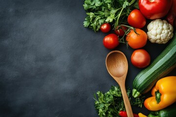 Fresh Vegetables and Wooden Spoon on a Black Background