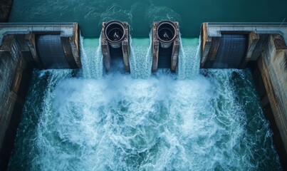 Wall Mural - Hydroelectric dam with rushing water and electric turbines turning with the force of the flowing river water , generating clean energy for ecology and, Generative AI