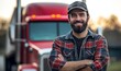 © Kevin - Young male truck driver standing in front of his truck, arms crossed, smiling at the camera, bearded man, wearing a hat, Generative AI