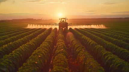 Poster - Tractor Spraying Crops at Sunset