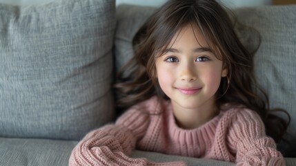 A cheerful girl enjoys her time at home, resting comfortably on a soft sofa