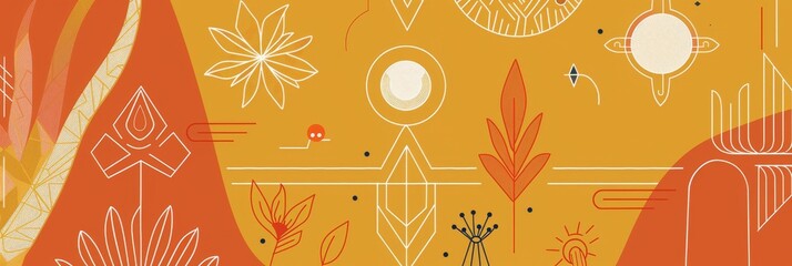 Poster - This abstract pattern features a blend of autumnal colors, geometric shapes, and botanical elements. It symbolizes creativity, growth, nature, and the changing seasons.