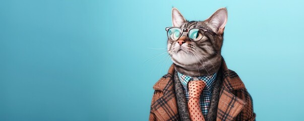 Wall Mural - Stylish cat wearing funky fashion outfit with jacket and glasses. Free copy space for text.