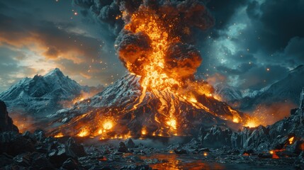 Wall Mural - A fiery volcanic eruption with smoke and lava flowing down the mountainside. AI.