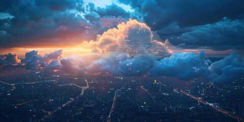 Wall Mural - a city lights up the night as a glowing cloud hovers overhead. ai.