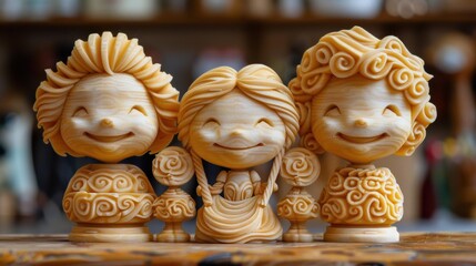 Canvas Print - Three carved wooden figurines with smiling faces. AI.