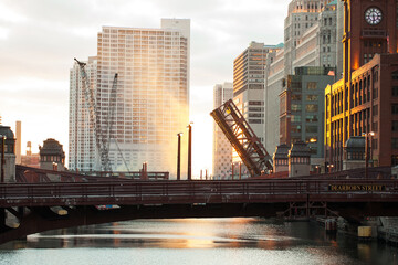 Chicago bridge up during hazy sunset