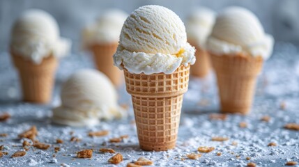 Sticker - Ice cream cones on a table with crumbs. AI.