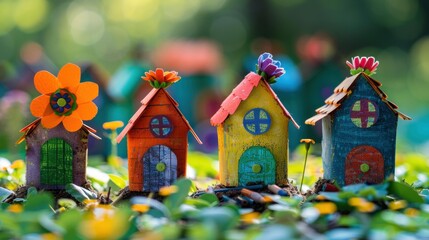 Poster - Colorful miniature houses in a garden setting. AI.