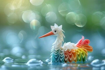 Wall Mural - A colorful origami bird floats on the water. AI.