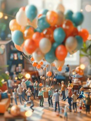 Sticker - A miniature hot air balloon rises above a crowd of tiny figures. AI.