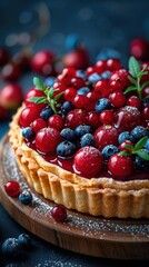 Wall Mural - A delicious fruit tart with red and blue berries. AI.