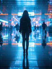 Poster - A silhouette of a woman walking through a bustling city at night. AI.