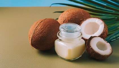 Wall Mural - Coconut oil in a glass jar with coconut balls beside it, isolated on clean background. Showcasing the natural beauty and health benefits of this versatile ingredient