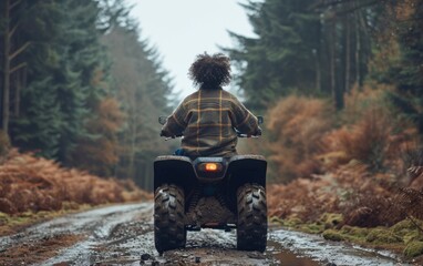 An adult Hispanic person rides an ATV along a muddy trail surrounded by vibrant autumn foliage and towering trees in the countryside