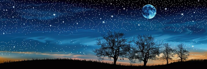 Poster - Silhouettes of Trees Stars and Moon in the Evening Sky