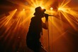 © Anna - Silhouette of a musician with a hat singing into a microphone on stage, illuminated by vibrant orange