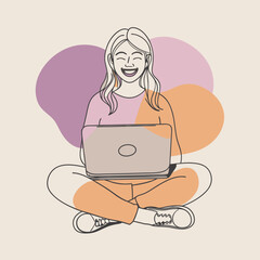 Wall Mural - Young smiling woman Jane sitting with crossed legs, holding laptop. Freelance, studying, online education, work at home, work concept