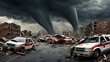© Sutarto Stock - A city is destroyed by a tornado, with several police cars