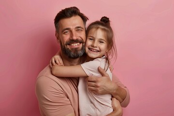 My best daddy. Happy daughter embracing her father as man holds girl in arms, both smiling, posing over pink studio backdrop, Generative AI