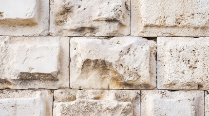 Close-up of the stones of the Wailing Wall, showing weathered and aged textures. The rough, ancient surface captures the historical and spiritual significance of the site