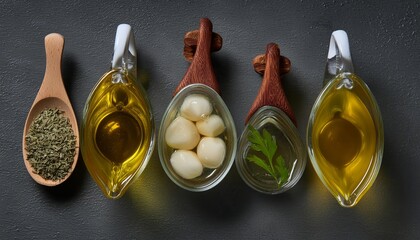 Various type of food oils on glass jar or bottle isolated on white background for mockup design. Healthy organic food oil