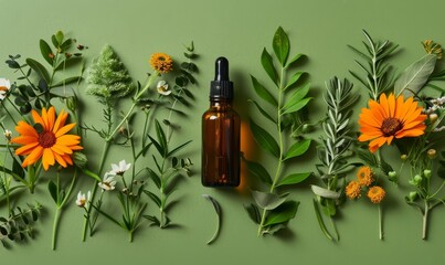 Wall Mural - Amber dropper bottle with natural greenery and flowers on green background. Product display. Natural skincare concept.  Generative Generative AI