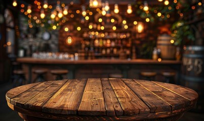 Wall Mural - Wooden round table and pub or bar blur background, Generative AI